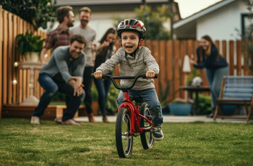 A happy family with dad and mom, their son on the red bike in front of their modern home