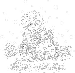 Wall Mural - Happy birthday card with a funny circus clown and a pile of gifts and sweets for a merry holiday, black and white vector illustration for a coloring book