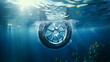 Pile of dirty garbage car tires and waste trash under sea water environment with water background
