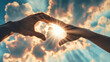 Two hands create a heart shape against the backdrop of a radiant sun, symbolizing unity, love, and connection