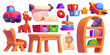 Kindergarten playroom interior design set isolated on white background. Vector cartoon illustration nursery school classroom furniture and toys, wooden table, chair, bookshelf, education equipment