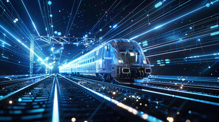 A modern passenger train with neon lights travels through a bustling city at night, showcasing a futuristic and vibrant urban scene