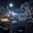 Fantasy winter landscape with river and forest at night. 3d illustration