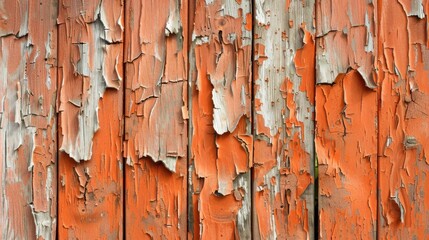 Poster - Weathered terracotta paint peeling off a wooden fence ideal for design banners and layouts