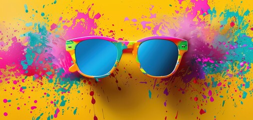 Energetic bursts of color surrounding trendy sunglasses