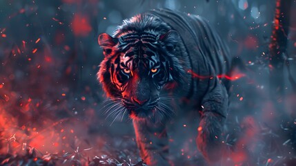 an epic and artistic illustration of a tiger stalking through dense undergrowth in a cinematic scene