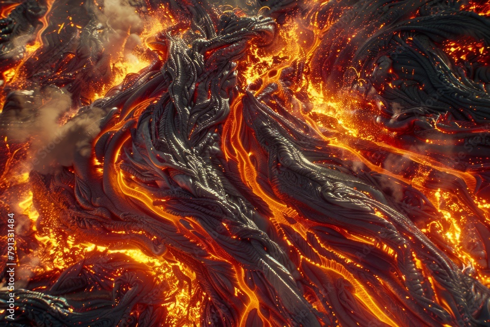 Hot molten lava streaming volcano eruption stream hot boiling magma ...