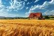 A sunny rural scene with a farmhouse nestled among vast fields of golden wheat.