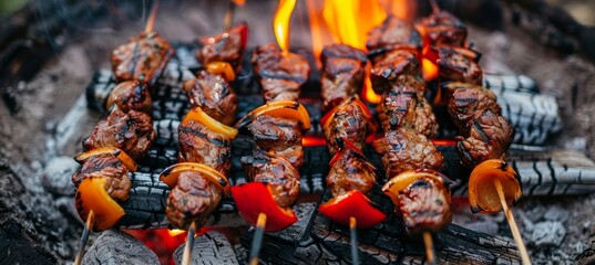 Wall Mural - Close up of skewers with meat and veggies grilling over open fire at a picnic gathering
