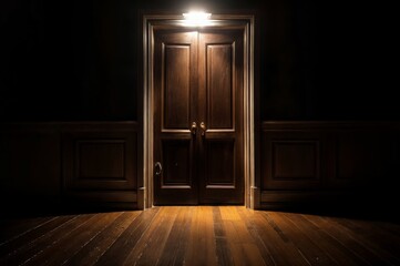 Wall Mural - Wooden door in a dark room with a light from the window