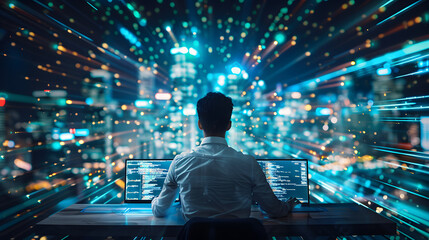 a software engineer working on multi laptop with futuristic illustration background