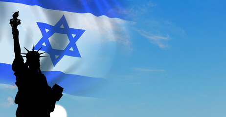 May is Jewish American heritage month. Flag of Israel and Statue of Liberty on sky background. 3