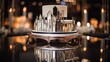 Art deco-inspired cake with metallic details and sharp lines, close-up, on a mirrored base for a glamorous event. 