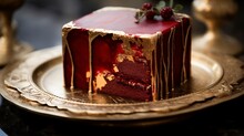 Luxurious Velvet Cake With Gold Accents And Deep Red Buttercream, Close-up, For An Opulent Celebration, On A Marble Slab. 