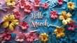 Floral Hello March greeting on textured blue background.