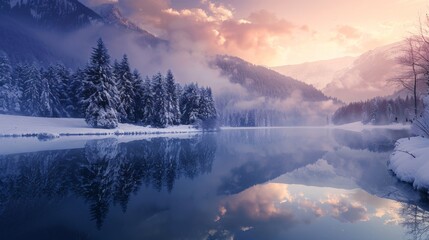 Wall Mural - Snowy mountain landscape with lake and trees