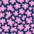 Abstract floral seamless pattern with cute pink groovy flowers on a blue background. Vector illustration