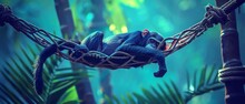 A Mischievous Monkey, Its Tail Curled Around Its Paws, Lounged In A Hammock Suspended Between Two Palm Trees, Enjoying The Gentle Sway Of The Breeze