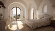 Luxury house on the island. Minimalist bedroom interior of a Mediterranean-style house with access to the sea.