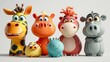 A group of cartoon animals, including giraffes, elephants, and rhinos