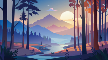 Wall Mural - Landscape vector illustration of foggy forest in morning. Misty mountains, Trees, River, Road, Moon