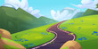 Winding road on mountain background. Vector cartoon illustration of curvy highway on green hill with grass and summer flowers, glacier on rocky peaks, fluffy clouds in blue sky, travel game backdrop