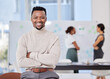 © peopleimages.com - Man, portrait and arms crossed in workshop, office and happy with confidence, pride or leadership. African entrepreneur, black business owner or smile in boardroom for presentation at creative agency