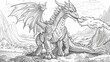 © MAY - Fantasy: A coloring book page featuring a majestic dragon breathing fire in a mystical landscape