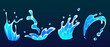 Water splash, drop and cartoon sea wave flow icon. Liquid swirl and blue spray effect 2d abstract motion design clipart. Isolated aqua energy stream and fluid ripple game animation png element set.