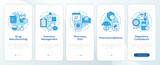 Fototapeta  - PMS systems blue onboarding mobile app screen. Walkthrough 5 steps editable graphic instructions with linear concepts. UI, UX, GUI template. Montserrat SemiBold, Regular fonts used