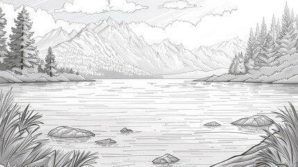 Wall Mural - Place: A serene coloring book page depicting a tranquil lakeside scene