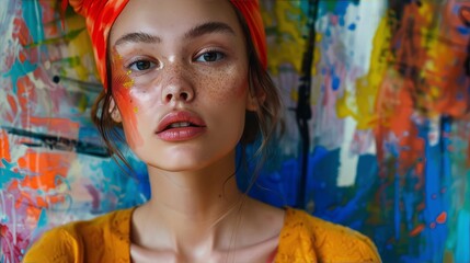 Closeup portrait of a young girl with freckles and colorful face paint on her cheeks and wearing a red headscarf against a background of an abstract painting in bright colors