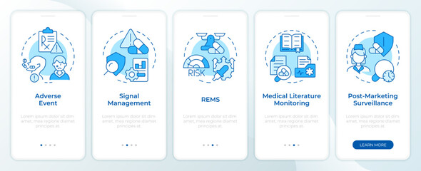 Wall Mural - Pharmacovigilance blue onboarding mobile app screen. Walkthrough 5 steps editable graphic instructions with linear concepts. UI, UX, GUI template. Montserrat SemiBold, Regular fonts used