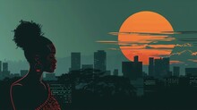 Cityscape With A Black Woman In Profile, The Setting Sun And A Green Sky, In An Art Deco Style