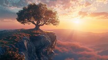 Lonely Tree On A Cliff At Sunset In A Surreal Landscape, Painted In Soft Pastel Colors With A Painterly Style, Evoking A Sense Of Isolation And Tranquility.