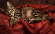 A tabby cat sleeping on a red cloth, digital art, painting