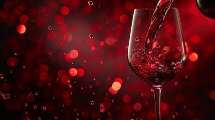 Poster - Red wine flows down into a glass. Dark red background with copy space. 