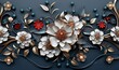 3d mural illustration white amp blue background with red golden jewelry and flowers in black decorat, Generative AI
