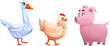 Cute farm animals collection - goose, chicken and pig. Cartoon vector illustration set of funny domestic barnyard zoo characters. Livestock mammal and bird icon. Country husbandry piglet and poultry.