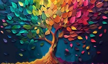 Elegant Colorful Tree With Vibrant Leaves Hanging Branches Illustration Background. Bright Color 3d Abstraction Wallpaper For Interior Mural Painting, Generative AI