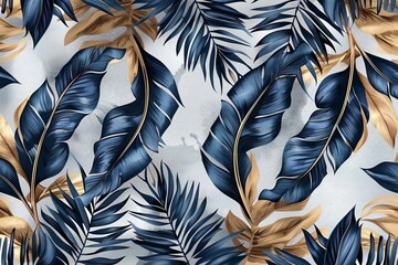  Blue vintage tropical leaves in seamless border design. Premium wallpaper, luxury silver grey background, texture, mural art. 3d dark watercolor floral illustration. Golden, beige, Generative AI