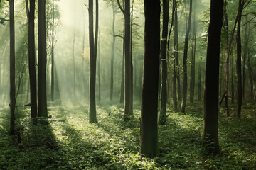  霧に包まれた光差す森林