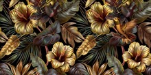 Tropical Exotic Seamless Pattern With Gold Hibiscus, Hummingbirds, Protea Flowers, Vintage Banana Leaves, Palm Leaves. Hand-drawn Luxury 3d Illustration. Good For Wallpapers, Generative AI