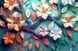 Elegant colorful 3d flowers with leaves on a tree illustration background. 3d abstraction wallpaper for Interior mural painting wall art decor. Tree branches leaves with flowers hanging, Generative AI