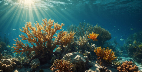 Wall Mural - underwater beauty, coral rocks and seaweed decorated with fish, sunlight penetrating the light