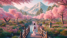 Charming Japanese Woman Stands On A Bridge In A Japanese Spring Forest Garden With A Pink Tree And A Pond.