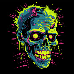 Wall Mural - Psychedelic zombie skull design tshirt design vector