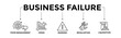 © anilofex - Business failure banner icons set with black outline icon of poor management, crisis, warning, revaluation, and liquidation