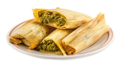 Canvas Print - Tamales with open wrapper on plate isolated white background