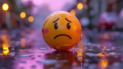 Wall Mural - A 3D cute single emoji sticker of a crying face, positioned on a solid lavender background, bringing its emotions and endearing features to life with the realism and clarity of an HD camera.